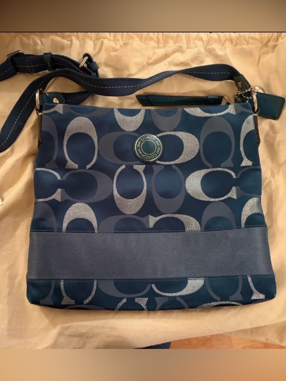 Coach Teal and Silver Signature Crossbody Shoulder Bag